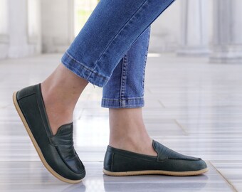 Women Barefoot Shoes, Handmade Leather Shoes, Zero Drop Wider Shoes, Women Moccasin, Minimalist Footwear, Pine Green