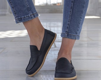 Women Barefoot Shoes, Handmade Leather Shoes, Zero Drop Wider Shoes, Women Moccasin, Minimalist Footwear, Deep Navy Blue