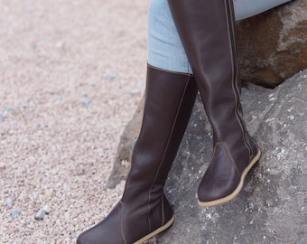Women Barefoot Long Boots, Zero Drop Handmade Leather Boots, Wide Toe Box With Zipper Boots, Amerikano Brown