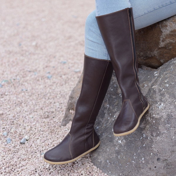 Women Barefoot Long Boots, Zero Drop Handmade Leather Boots, Wide Toe Box With Zipper Boots, Amerikano Brown