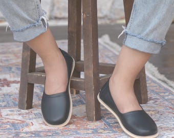 Handmade Leather Barefoot Shoes: Black Zero Drop Ballet Flats