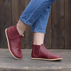 Women Barefoot Boots, Women Chelsea Boots, Earthing Leather Boots, Zero Drop Grounding Boots, Cherry Burgundy