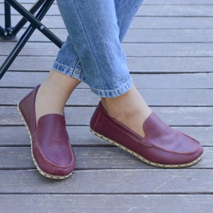 Women Barefoot Shoes, Leather Earthing Shoes, Grounding Zero Drop Flats, Wide Toe Box Minimalist Shoes, Cherry Burgundy