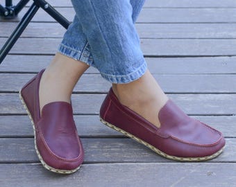 Leather Grounding Barefoot Shoes: Wide Toe, Zero Drop - Cherry Burgundy