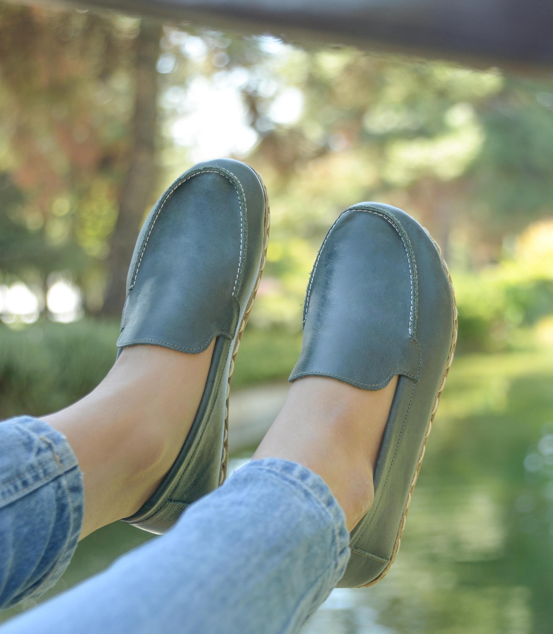 Grounding Leather Barefoot Shoes: Wide Toe, Zero Drop, Grass Green - Main Image