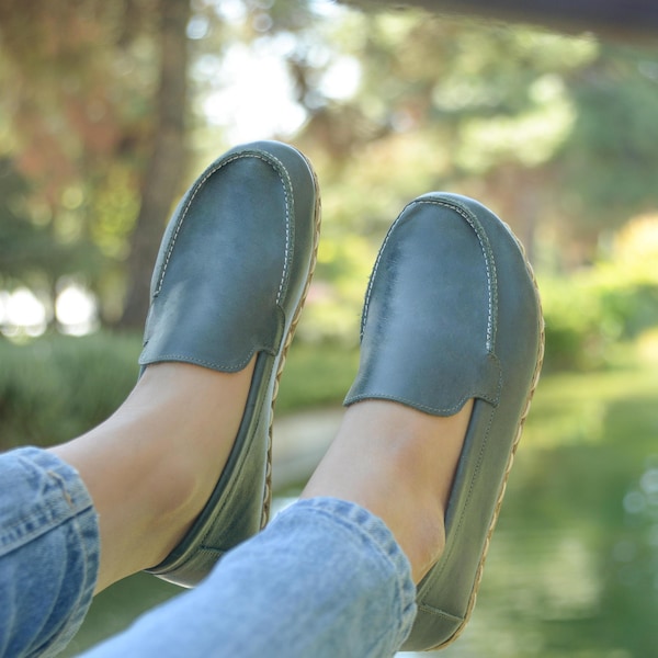 Grounding Leather Barefoot Shoes: Wide Toe, Zero Drop, Grass Green