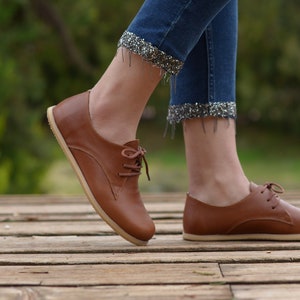 Handmade Women Barefoot Shoes, Oxford Leather Zero Drop Lace-up Wider Shoes, Elegant Brown image 5