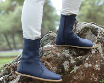 Handmade Leather Barefoot Boots: Deep Navy Zero Drop Boots
