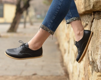 Damen-Barfußschuhe, Zero Drop breitere Schuhe, handgefertigte Lederschnürschuhe, Damen-Oxford-Schuhe, Royal Black