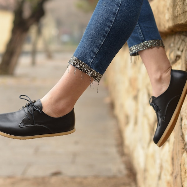 Women Barefoot Shoes, Zero Drop Wider Shoes, Hanmade Leather lace up, Women Oxford Shoes, Royal Black