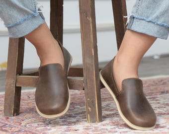 Damesschoenen blootsvoets charme bruin, handgemaakte leren schoenen aarding, zero drop bredere schoen