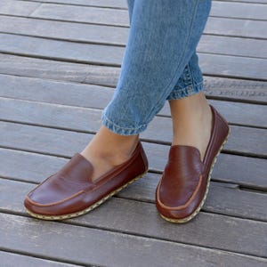 Women Barefoot Shoes, All Leather Grounding Shoes, Handmade Earthing Shoes with Copper Rivet, Zero Drop Wider Fit, Elegant Brown