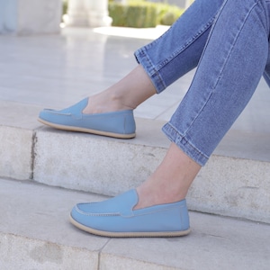 Women Barefoot Shoes, Handmade Leather Shoes, Zero Drop Wider Shoes, Women Moccasin, Minimalist Footwear, Sky Blue