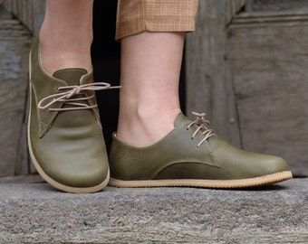 Women Leather Barefoot Oxford Shoes, Leather Minimalist Women Barefoot Shoes,Handmade  Nature Green Footwear