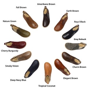 May include: A collection of leather ankle boots in various colors, including Fall Brown, Amerikano Brown, Earth Brown, Royal Black, Gray Nubuck, Charm Brown, Elegant Brown, Deep Navy Blue, Tropical Coconat, Smoky Vision, Cherry Burgundy, and Nature Green.
