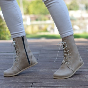 Dames blootsvoets, leren winterlaarzen, handgemaakte zero-drop laarzen, blote voeten laarzen met brede neus, Smoky Vision