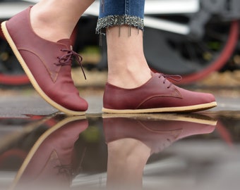 Women Barefoot  Shoes, Handmade Zero Drop Laces Shoes , Custom Leather Oxford Shoes, Cherry Burgundy