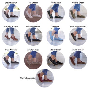 May include: A collection of leather loafers in various colors, including Charm Brown, Ice Cream, Pine Green, Nature Green, Elegant Brown, Deep Navy Blue, Sky Blue, Amerikano Brown, Gray Nubuck, Smoky Vision, Royal Black, Earth Brown, and Cherry Burgundy.