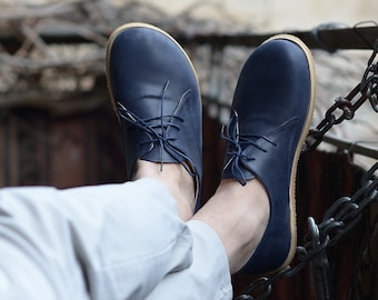 Zapatos descalzos hechos a mano para hombre, zapatos Oxford descalzos con caída cero, cuero original descalzo, personalizable, azul marino profundo