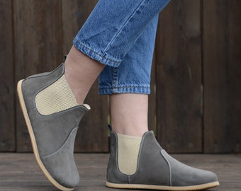 Women  Chelsea Barefoot Boots, Zero Drop Leather Boots, WideToe Box Women Handmade Boots, Gray Nubuck