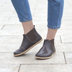 Women Leather Chelsea Boots, Minimalist Barefoot Boots, Zero Drop, Wide Toe Box, Americano Brown Color