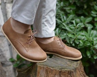 Herren Barfußschuhe, breite Zehenbox Leder Oxford Schnürschuhe, handgefertigte Zero Drop minimalistische Schuhe, Herbst braun