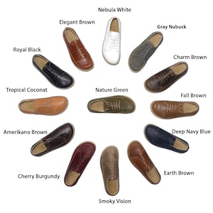 May include: A variety of 12 different colored leather shoes arranged in a circle. The shoes are all lace-up and have a casual style.