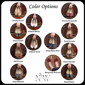 May include: A collage of images showing different color options for women's flats. The colors include smoky vision, grass green, fall brown, gray nubuck, nebula white, nebula gold, deep navy blue, burgundy nubuck, cherry burgundy, earth brown, charm brown, and royal black.