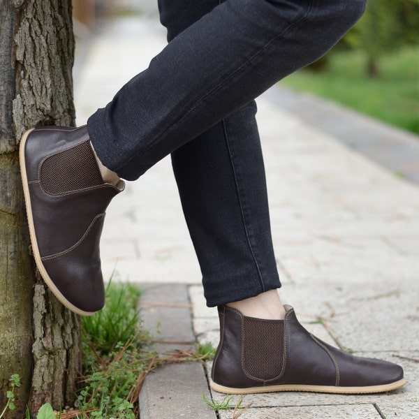 Men Barefoot Boots, Leather Chelsea Boots, Handmade Leather Zero Drop Boots Wide Toe Box, Amerikano Brown