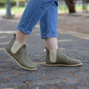 Women Chelsea Boots, Zero Drop Smooth Leather Boots, Wide Toe Box, Women Barefoot Boots, Nature Green
