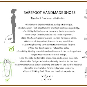 Op de afbeelding: Illustratie van barefoot schoenen met een lijst van kenmerken, waaronder een flexibele zool, lichtgewicht, brede teenbox en nul drop. De illustratie toont een persoon die met zijn voeten in een hoek van 90 graden staat, wat de natuurlijke voetpositie demonstreert.