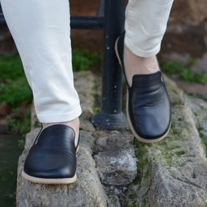 Men Barefoot Shoes, Custom Wide Toe Box Leather Shoes, Minimalist Handmade Loafers, Royal Black
