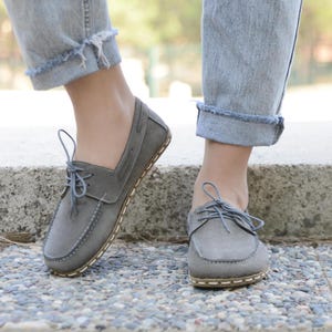 Women&#39;s Barefoot Shoes, Grounding Earthing Shoes, Zero Drop Leather Shoes, All Leather Gray Nubuck Shoes