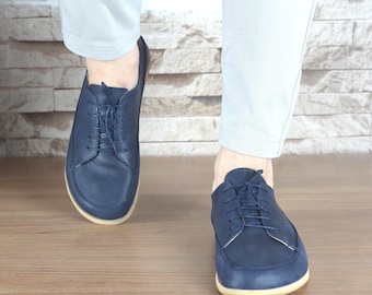 Baskets pieds nus en cuir faites main : chaussures à bout large Zero Drop pour hommes - bleu marine profond