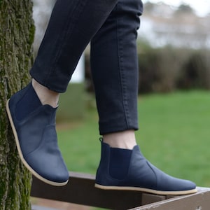 Handmade Men&#39;s Barefoot Leather Chelsea Boots - Deep Navy Blue