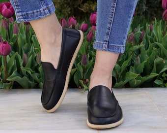 Women Barefoot Shoes, Leather Handmade Shoes, Minimalist Wide Toe Box Shoes, Zero Drop Customisable Footwear, Royal Black