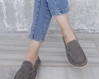 Gray Nubuck Barefoot Loafers: Handmade Leather Zero Drop Shoes