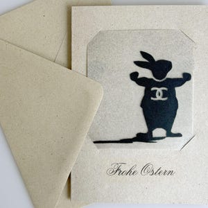 Cartão de Páscoa com imagem de coelho termocolante_Poser, flock e glitter foil