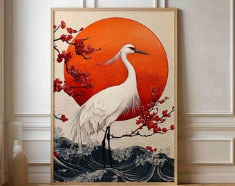 May include: A white crane stands on a branch of a cherry blossom tree with red blossoms. The crane is facing right and has its head turned to the left. The background is a large orange circle with a textured pattern. The crane is standing on a blue and white wave pattern.