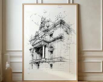 May include: Black and white line drawing of a building with intricate details. The drawing is framed and displayed on a white wall.