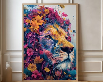 Majestic Lion Floral Art Print – Vibrant Animal Wall Decor