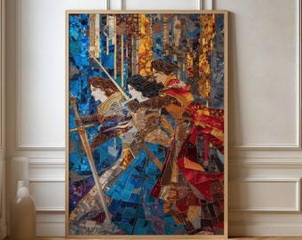 Könnte beinhalten: Ein Mosaik-Kunstwerk mit drei Figuren in einer Fantasy-Szene. Die Figuren sind eine Frau mit langen braunen Haaren, eine Frau mit langen schwarzen Haaren und ein Mann mit kurzen braunen Haaren. Das Kunstwerk ist von Blau-, Gold- und Rottönen dominiert.
