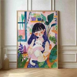 Rincón acogedor para gatos: impresión artística colorida e ilustrativa de una niña con un gato, perfecta para la decoración del hogar de los amantes de los animales y las plantas
