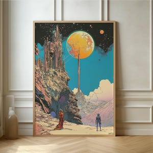 Cosmic Fantasy Landscape - Surreal Sci-Fi Wall Art, Vibrant Poster for Space and Future Tech Enthusiasts