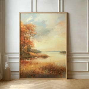 Póster de lago otoñal sereno: pintura al óleo de paisaje otoñal tranquilo