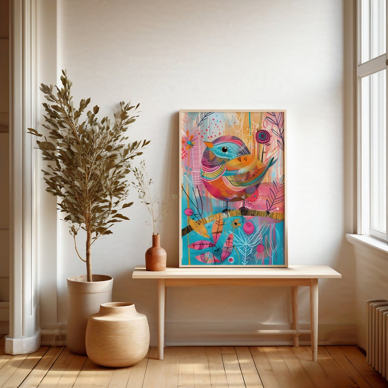 May include: A colorful abstract painting of a bird perched on a branch with pink, blue, and yellow flowers. The bird is painted in a vibrant style with a mix of colors and patterns.