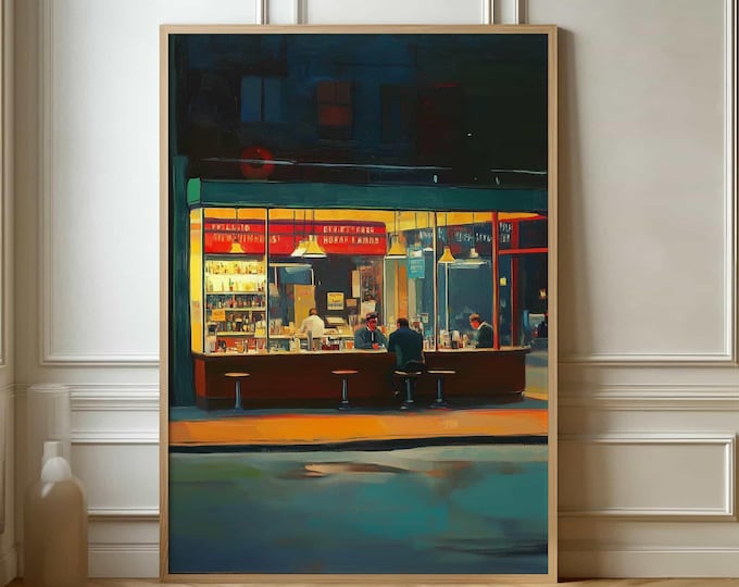 Vintage Diner Art Poster - Nighttime Cityscape in Retro Style Wall Decor