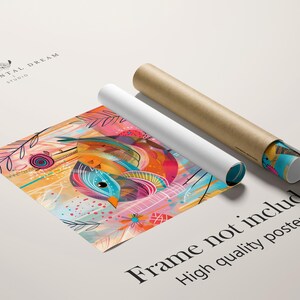 May include: A colorful abstract art print featuring a bird with vibrant blue, orange, and pink feathers. The print is rolled up and ready to be framed. The text "Frame not included. High quality poster only" is printed on the white background.