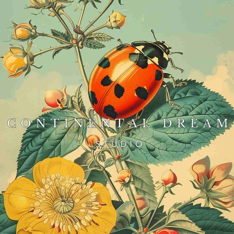 Colorful Vintage Ladybug Poster - Nature-inspired Flower and Bug Print ...