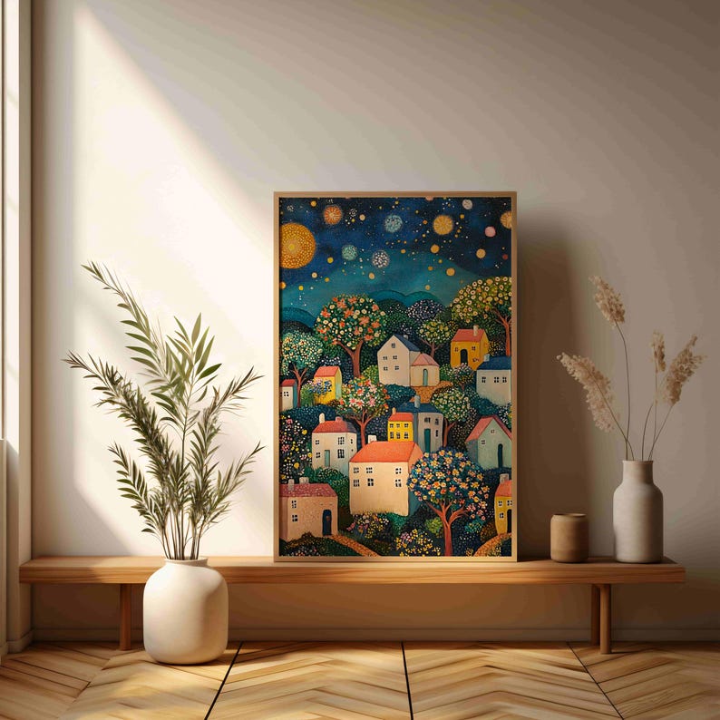 Charming Starry Night Poster - Folk Art Village Scene Wall Decor - Etsy